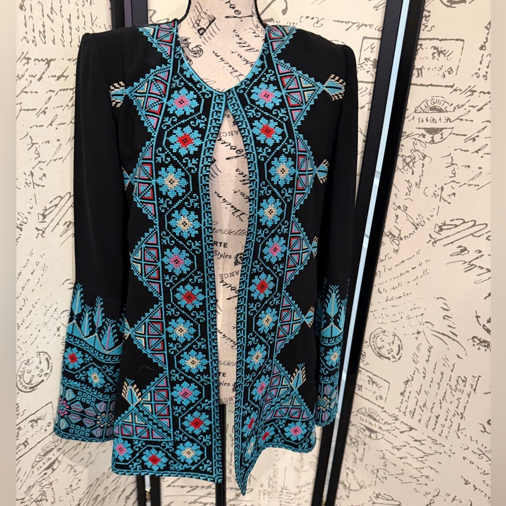 Embroidered Open-Front Black Jacket with Turquoise Floral Pattern
